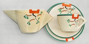 Norton Nut's Clarice Cliff Ravel Pattern Conical Trio and Teapot