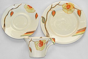 Norton Nut's Clarice Cliff Daffodil Shape Trio, Yellow Rose Pattern